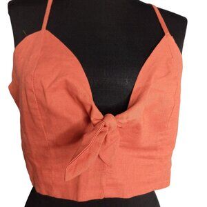 Loveriche Size L Womens Crop Top Linen Bow Tie Adjustable Straps Smocked NEW